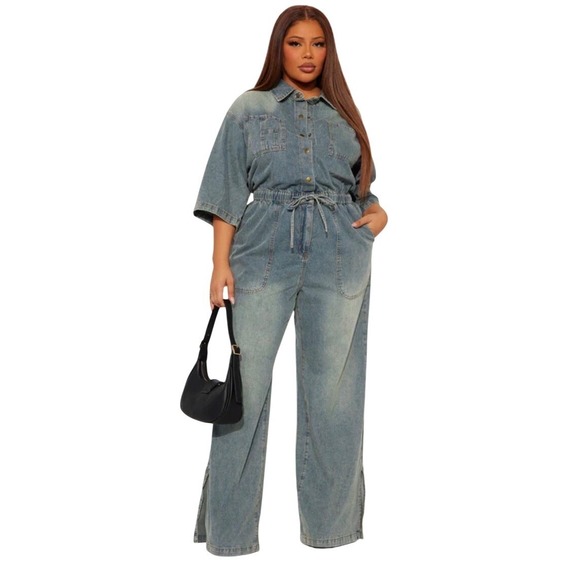 Fashion Nova Pants - New Fashion Nova Women Diana Medium Washed Denim Wide Leg Jumpsuit size XL